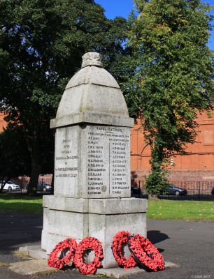 K13 Memorial, Elder Park
K13 was a first World War Submarine that sank during sea trials in January 1917 on Gareloch on the Clyde.  There were 53 sailors and 14 directors and employees of the Fairfleids Ship yard where it was built on board.  46 were eventually saved after several rescue attempts.  The significance of the monument being in Elder park is that the former Fairfield Ship yard is the red building you can see across the road.
