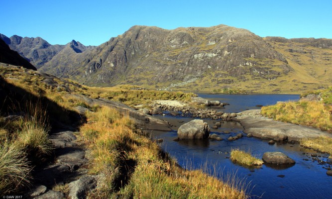 Loch Coruisk and Scavaig River, Isle of Skye
Scavaig River is literally only a few hundred metres long, it drains the water of Loch Coruisk in the background in the Sea Loch, Loch Scavaig.  [url=http://streetmap.co.uk/map.srf?X=148940&Y=819645&A=Y&Z=115/] Map location. [/url]
