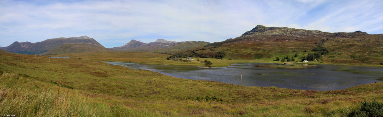 Loch Coultrie panorama
On the extreme left is Ben Shieldaig and Glen Sheildaig, in the distance in the centre is Beinn Damh, rising to some 903m.  [url=http://streetmap.co.uk/map.srf?X=185181&Y=844894&A=Y&Z=120/] Map location. [/url]
