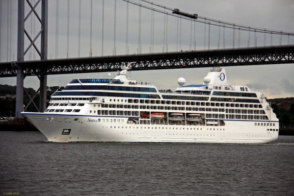 MS Nautica, River Forth
MS Nautica cruise ship passes below the Forth Road Bridge after leaving Rosyth Docks.  Launched in 2000 she displaces some 30,000 tons and can carry just over 800 passengers.  
