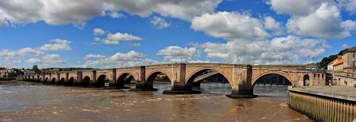 Berwick Bridge
Berwick Bridge or the old Bridge as it is called was built between 1611 and 1624 across the river Tweed.  It is still in use today but only for traffic in one direction.  You can see the concrete arch of the replacement road bridge built in the 1920's in the background.  [url=http://streetmap.co.uk/map.srf?X=399732&Y=652758&A=Y&Z=115/] Map location. [/url]
