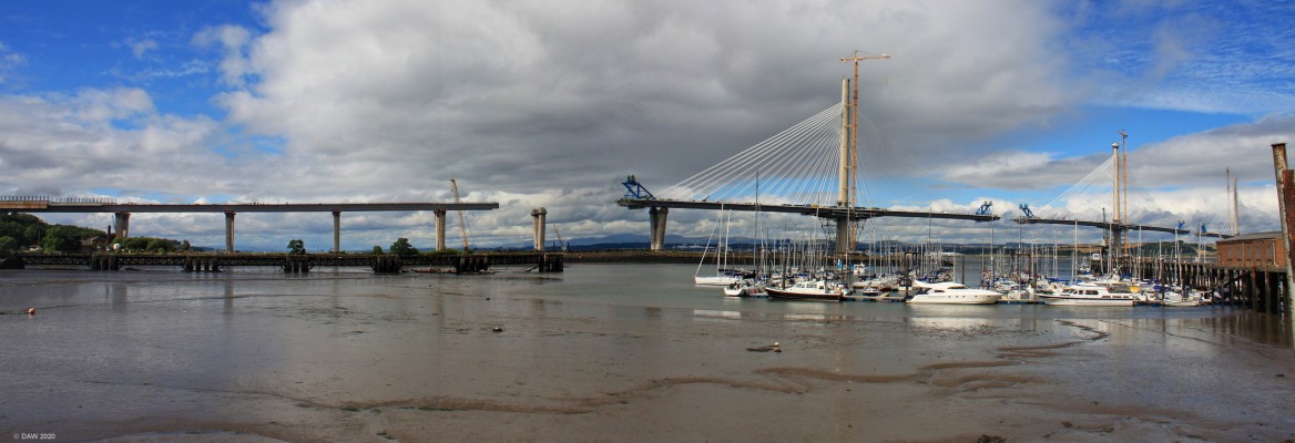 Queensferry Crossing, August 2016
A view of the as yet unfinished bridge from Port Edgar on the south side of the river.  The gap on the left is at this point the largest gap remaining in the construction.
