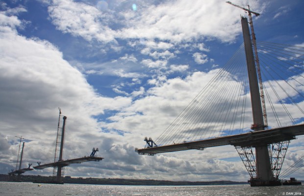 July 2016 from North Queensferry
Looking south from the shores of North Queensferry. Taken in July 2016 when the road decks were creeping out towards each other.
