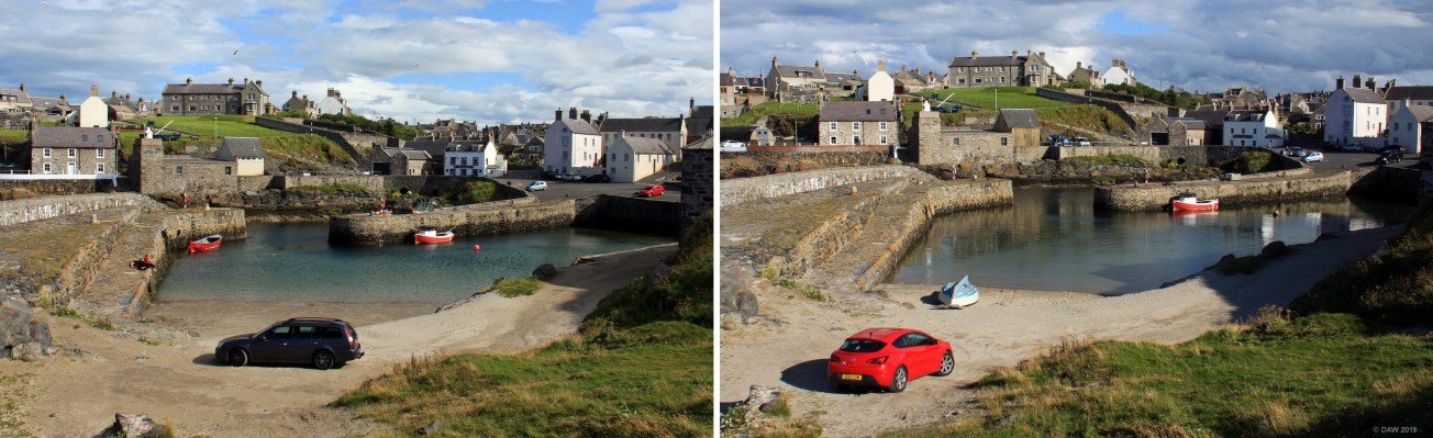 Spot the difference, Portsoy
Its not the cars.  The photo on the right was taken a week later than that on the left during the summer of 2015 when Portsoy harbour area was used for the making of the 2016 version of the film, Whisky Galore.  To give a more authentic 1940's look the white toilet block was clad in wood, along with a wall and the hotel was changed outwardly to a chandler. The film starred Gregor Fisher who in his younger life lived in Neilston.
