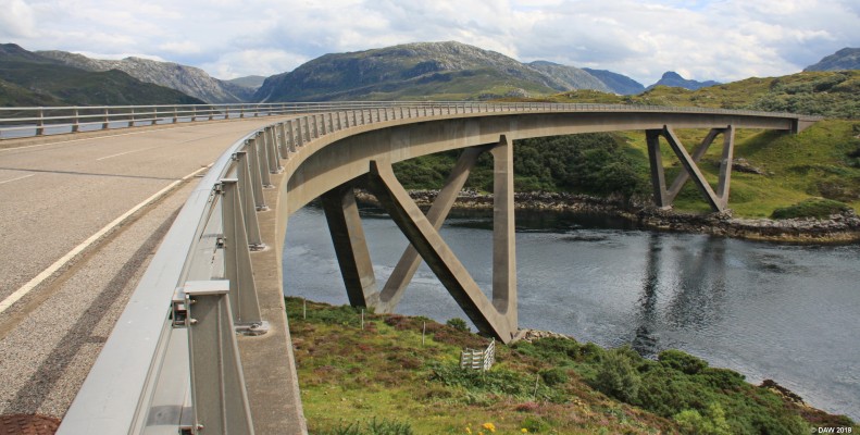 The Kylesku Bridge
If you are allowed to have a favourite bridge, this would be mine.  Opened in 1984 it has a distinctive curve, the central span, weighing some 640 tons, was constructed on land and brought to the bridge by barge and then lifted in to place. [url=http://streetmap.co.uk/map.srf?X=222550&Y=933890&A=Y&Z=115/] Map location. [/url]
