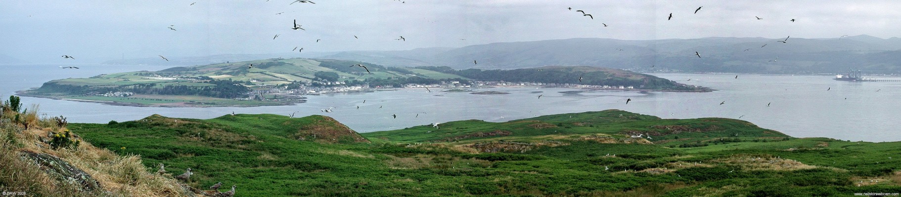 View from top of Wee Cumbrae
Looking north west from the top of Lighhouse Hill on the Wee Cumbrae in the Firth of Clyde.  Despite the rather hazy weather the town of Millport can be seen spreading round Millport Bay on the Great Cumbrae.  Cape Pioneer is unloading a cargo at Hunterston Ore terminal on the right.  [url=http://www.streetmap.co.uk/streetmap.dll?G2M?X=214360&Y=651485&A=Y&Z=3/]Map location.[/url]
