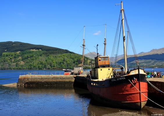 The Vital Spark, Inveraray
Taken in spring 2016, the Vital Spark was built in 1944 in Brown's shipyard in Hull and named VIC72.  She was used as a re-supply vessel by the Navy until 1968 after which she had several owners and names before ending up here at what was the Maritime Museum at Inveraray.  In 2019 the vessel was again up for sale.
