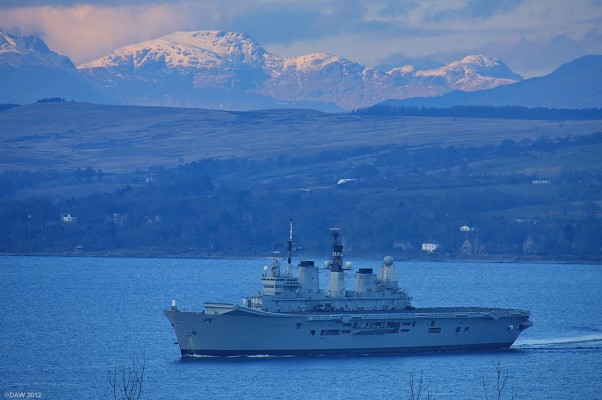 HMS Ark Royal, Clyde, 2010
Launched in 1981 at Swan Hunter on the Tyne she is seen here undergoing maneuvering trials on the Clyde in early 2010.  At the time she was the Flag ship of the Royal Navy but has since been retired early in March 2011 leaving the Royal Navy with one Aircraft carrier and no Aircraft. [url=http://www.streetmap.co.uk/map.srf?X=221139&Y=675714&A=Y&Z=115&ax=221232&ay=675922/] Map location. [/url]
