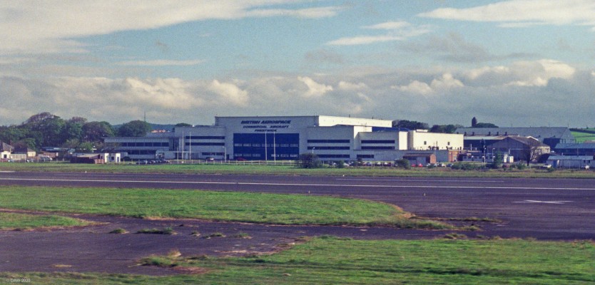 British Aerospace Factory, Prestwick Airport, 1989
This building started life as the Palace of Engineering at the Empire exhibition of 1938 in Glasgow.  Apart from the part on the left it is more or less as it would have looked.  At this time it was used to manufacture the Jet Stream commercial aircraft, in 1999 British Aerospace became BAE, today the factory is owned by Spirit Aerosystems and employs around 1000 people.
