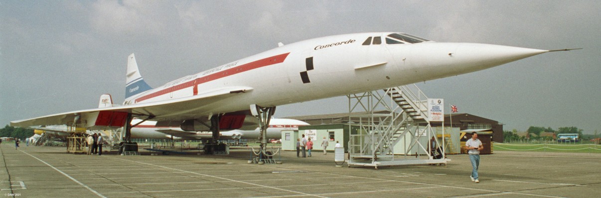 Concorde G-AXDN, Duxford, 1992
One of the two pre-production aircraft built by the British and French during the Concorde development program.  It was only ever used for test flights and now resides inside a hanger here at the Imperial War Museum, Duxford.
