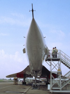 Concorde G-AXDN, Duxford, 1992
This aircraft is one of two pre-production models that were built in the UK and France.  Today the aircraft is displayed inside a hanger and is open to the public within the Imperial War Museum at Duxford.
