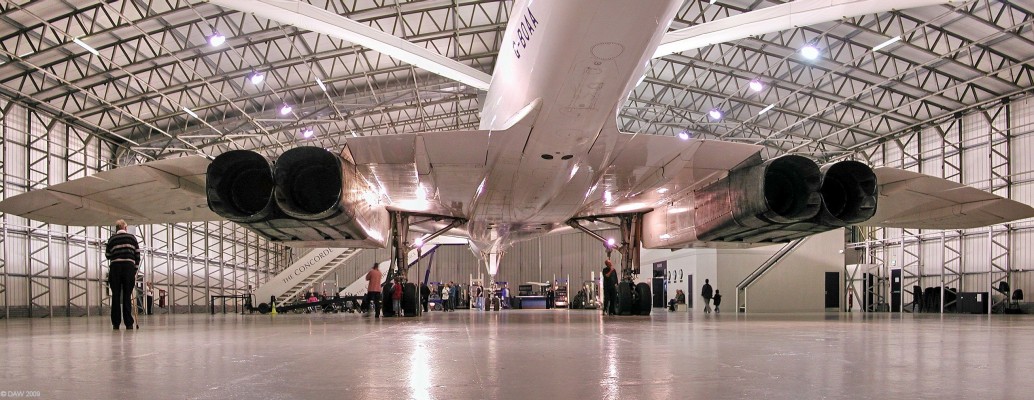 Concorde G-BOAA, Museum of Flight, East Fortune
A view from under the tail showing the 4 Rolls Royce Olympus 593 engines that powered Concorde to Mach 2.0.   The engines were a development of the Olympus engines designed for the Avro Vulcan Bomber.
