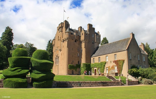 Crathes Castle, Aberdeenshire
This view of the Castle show the Queen Anne wing on the right which was added in the 18th century.  Unfortunately it was destroyed by fire in 1966 but was restored by the National Trust for Scotland.  It is used as the visitor centre today.
