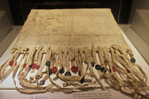 Replica of the Declaration of Arbroath, Arbroath Abbey
Written at Arbroath Abbey during the long wars of Independence on 6th April 1320 and directed to the Pope.  Its most famous lines are "As long as but a hundred of us remain alive, never will we on any conditions be brought under English rule. It is in truth not for glory, nor riches, nor honours, that we are fighting, but for freedom - for that alone, which no honest man gives up but with life itself".  The original manuscript is held by the National Records of Scotland.

