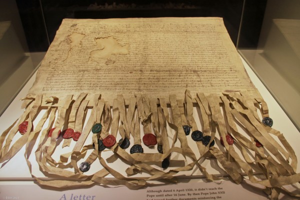 Replica of the Declaration of Arbroath, Arbroath Abbey
Written at Arbroath Abbey during the long wars of Independence on 6th April 1320 and directed to the Pope.  Its most famous lines are "As long as but a hundred of us remain alive, never will we on any conditions be brought under English rule. It is in truth not for glory, nor riches, nor honours, that we are fighting, but for freedom - for that alone, which no honest man gives up but with life itself".  The original manuscript is held by the National Records of Scotland.
