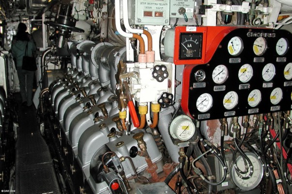 Diesel generator, HMS Ocelot
One of the disel generators on HMS Ocelot.  Ocelot was one of the Royal Navy's 13 diesel electric Oberon Class submarines built between 1959 and 1964.  Ocelot was based at Faslane Base on the Clyde between 1964 and 1991.
