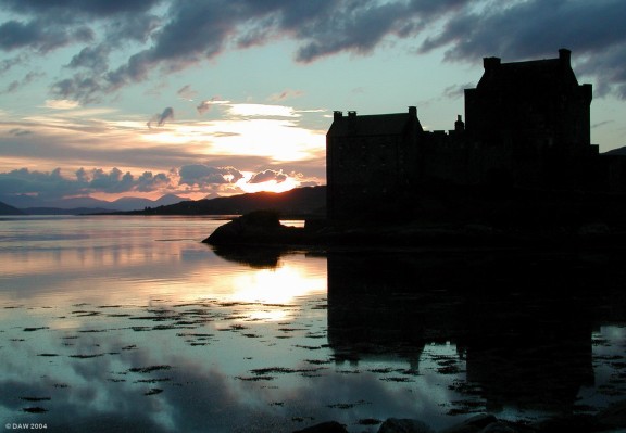 Eilean Donan Castle after sunset
Looking west along Loch Alsh with the Cullin mountains of Skye in the distance.
