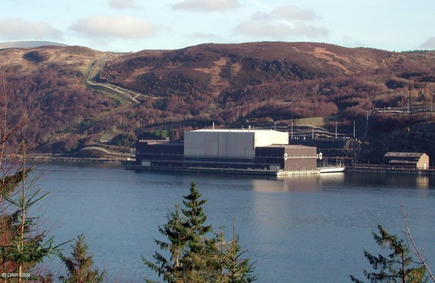 The explosives handling dock, RNAD Coulport
Used to load Royal Navy Submarines from Faslane with both conventional and nuclear weapons.  The submarine enters through an opening on the opposite end.  Since the days of the Royal Navy Polaris submarines coulport has been used for this purpose.  The resultant high security area complete engulfed what was the small community of Coulport and the last few remaining buildings have since been demolished.
