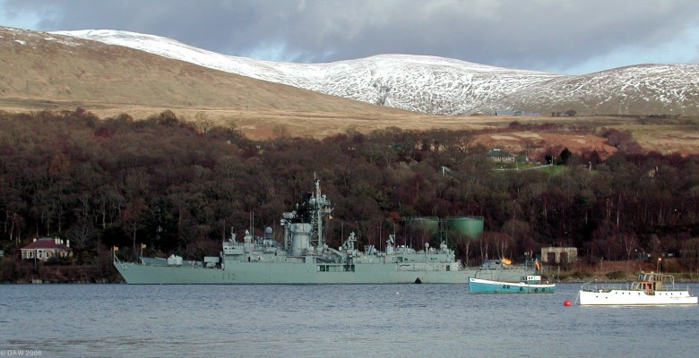 F72 Andalucia, Spanish Armada, Faslane
The Andalucia and friend pay a visit to Faslane in 2000.  Foreign warships are not uncommon at Faslane, especially those from NATO countries.  The Andalucia was built in Spain in 1971 but is a modified American "Knox" class frigate.  Power by 4 steam turbines and armed with Harpoon, anti-submarine rockets and a 127mm main gun amongst other things. She was decomisioned in December 2005.
