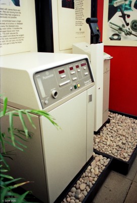 Fibrelase 100, Glasgow Garden Festival
This might seem like an odd thing to have at a garden Festival but one building had some examples of Industrial products made in Scotland.  This one is an ND:YAG Medical laser system manufactured by Pilkington Medical Systems in Clydebank.  It could deliver up to 100W of laser power down a fibre and endoscope to treat stomach Ulsers amongst other things.  It required a 3 phase electrical supply and water cooling, as we used to say, it mixed electricity and water and produced light. 
