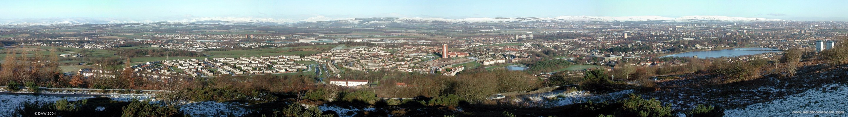 Winter panorama from Gleniffer Braes above Paisley
This view was taken in December 2004, on the extreme left is Johnstone, in the centre is the Foxbar area of Paisley with the remaining tower block in the centre.  Paisley is spread out behind this with Glasgow in the distance on the right.  The snow capped peak of Ben Lomond can clearly be seen in the distance to the left of the foxbar tower block.
