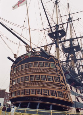 HMS Victory, Portsmouth, 1991
A view of the stern of HMS Victory at  Portsmouth Historic Dock.  Some 6,000 trees, mostly Oak, were used in the construction of the ship which was launched in 1765.
