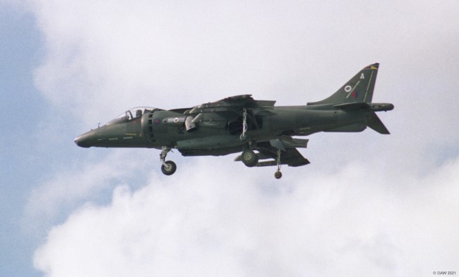 Hawker Siddeley Harrier, Fairford, 1993
An RAF Harrier hovers during an air diisplay at Fairford.  The Harrier first entered service in 1969 as a ground attack and reconnaissance aircraft with vertical/short takeoff capabaility. It was the only aircraft of that era with that capability.  It was later developed in to the Sea Harrier for use with the Royal Navy's Invincible Class light Carriers.
