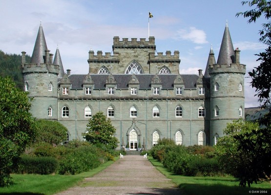 Inveraray Castle
This castle was built around 1744 by the 3rd Duke of Argyll to replace the 15th century tower house.  It lies close to the shore of Loch Fyne just outside the village of Inveraray.  It is open to the public and has an impressive armoury display. www.inveraray-castle.com
