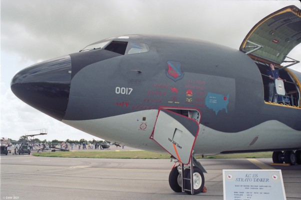 Boeing KC-135 Strato Tanker, Fairford, 1993
First introduced in 1957 it is based on the Boeing 707 airliner airframe.  They remain in service today having had many upgrades.  They will eventually all be replaced  by the KC-46 which is based on the Boeing 767 airliner.
