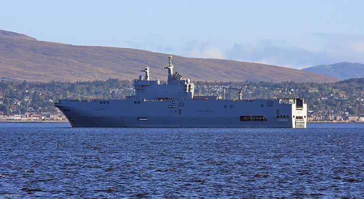 L9014, Tonnerre, Greenock, 2008
The Tonnerre (L9014) is an amphibious assault helicopter carrier of the French Navy.  She was launched in 2005 and displaces some 21,000 tons. She can carry up to 70 vehicles and 16 heavy or 35 light helicopters.  She was seen here anchored on the Clyde as part of the October 2008 joint warrior exercise.
