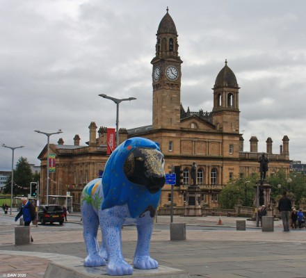 The Pride of Paisley, 2017
One of 25 Lions that were spread around Paisley Town Centre in 2016.  Inspired by "Buddy" the stuffed Lion in Paisley Museum.  The Lions were later auctioned off and the money given to local charities.  Paisley Town Hall is in the background in this photo.
