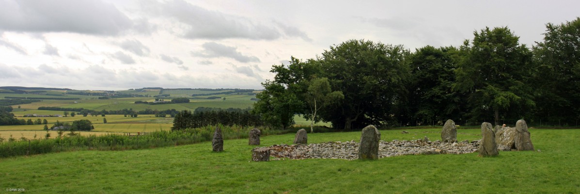 Loanhead Stone Circle, Daviot, Aberdeenshire
A view of the Recumbent Stone Circle at Loanhead.  It and others in the area date from around 3000BC.  The two tallest stones on the south west arc flank a massive slab laid on its side, known as the recumbent stone.  This stone and its flankers frame the moon rising or setting in the southern sky when viewed from inside the circle enabling its builders to make observations of the seasonal changes.  [url=http://streetmap.co.uk/map.srf?X=374744&Y=828881&A=Y&Z=120/] Map location. [/url]
