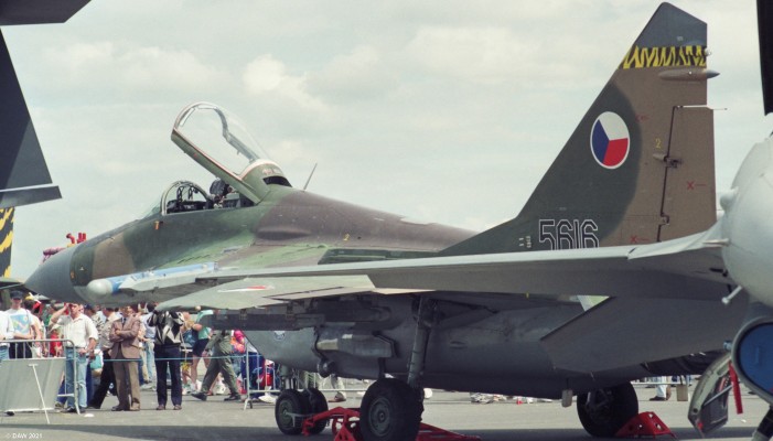 Mikoyan MiG-29, Fairford, 1993
A rear view between other aircraft of the Russian MiG-29 on display at Fairford in 1993.
