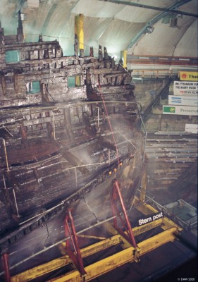 Stern of Mary Rose, Portsmouth, 1991
The remains of the Mary Rose undergoing preservation at Portsmouth Historic Dock.  Mary Rose was a warship of King Henry VIII's navy.  She served for 33 years taking part in varies conflicts before sinking in the Solant in 1545.  She was raised from the seabed in 1982.
