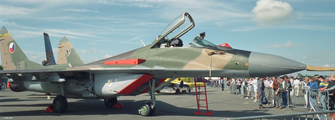 Mikoyan MiG-29, Fairford, 1993
A MiG-29 of the Russian Airforce.  Conceived during the cold war by the Soviet Union as an Air Superiority Fighter to Combat aircraft such as the US F-15 Eagle.
