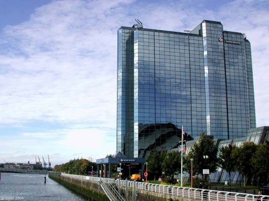Moat House Hotel
The Moat House Hotel down at the water front, the Armadillo can be seen reflected in the glass.  The cranes in the distance are at Govan Shipyard, now owned by Kvaerner. 
