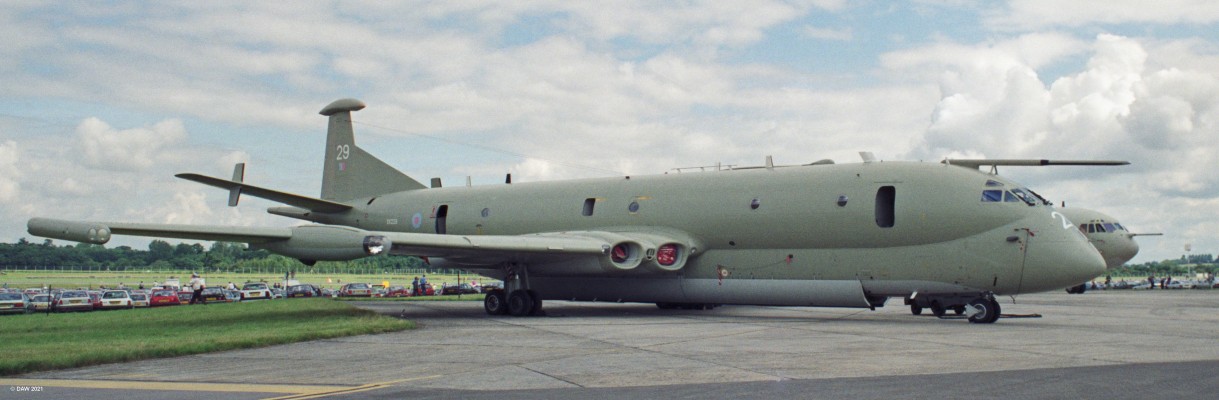 Hawker Siddeley Nimrod XV229, Fairford, 1993
The MR2 version of the Nimrod first entered service in 1975 and was a modified version of the MR1.  Its primary rold was maritime reconnesance, mainly submarine hunting.  It was also used for Maritime search around the British Isles.  This example was based at Kinloss in Scotland and was the last MR2 to fly when they were retired in 2010 due to defence cuts, leaving the UK with no maritime patrol aircraft for 10 years.
