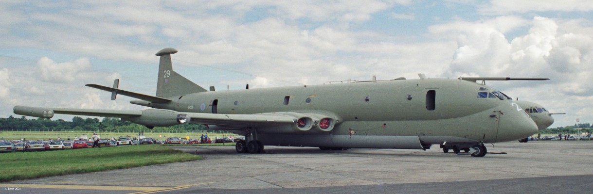 Hawker Siddeley Nimrod XV229, Fairford, 1993
The MR2 version of the Nimrod first entered service in 1975 and was a modified version of the MR1.  Its primary rold was maritime reconnesance, mainly submarine hunting.  It was also used for Maritime search around the British Isles.  This example was based at Kinloss in Scotland and was the last MR2 to fly when they were retired in 2010 due to defence cuts, leaving the UK with no maritime patrol aircraft for 10 years.
