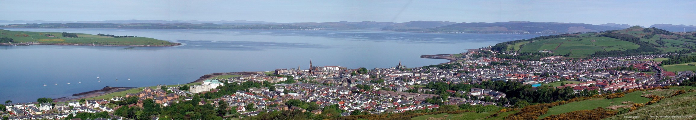 Over looking Largs from Castle Hill
A birds eye view of Largs, once a favourite place for holiday makers from Glasgow but now gets the name of God's waiting room.  Most of the large Hotels have been demolished for flats or converted into care homes.  32% of its population of 11,500 are over 60, the average for the rest of Ayrshire is 22%
