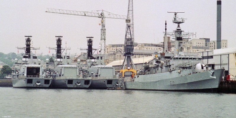 Plymouth Frigates, 1994
The rear three Ship are all type 23 Frigates, HMS Malborough, F233, HMS Westminster, F237 and an unknown Type 23.  In the foreground is HMS Active, F171, a type 21 Frigate that was decomission the year this photo was taken.
