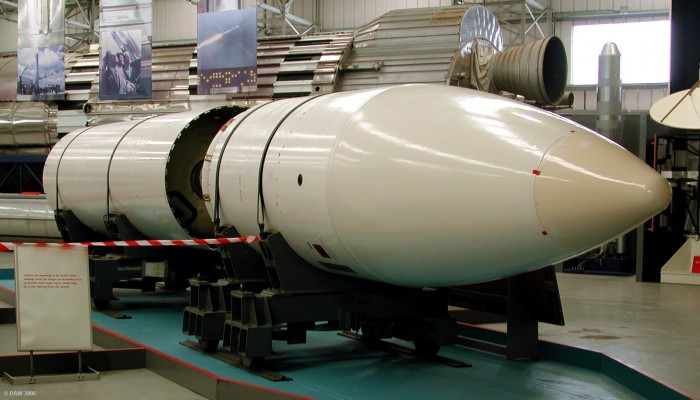 Polaris A3 Ballistic missile
A two stage ballistic missile using solid fuel rocket motors.  They were first deployed in 1968 onboard HMS Resolution who's home port was Faslane on the Clyde.  Each of the RN's 4 Polaris Submarines carried 16 missiles, with a range of 2,500 nautical miles.  Initially the RN had enough warheads and missiles for all 4 boats but during the Chevaline upgrade in the 1980's this was reduced to 3 boats.  This example is at the National Museum of Flight, East Fortune.
