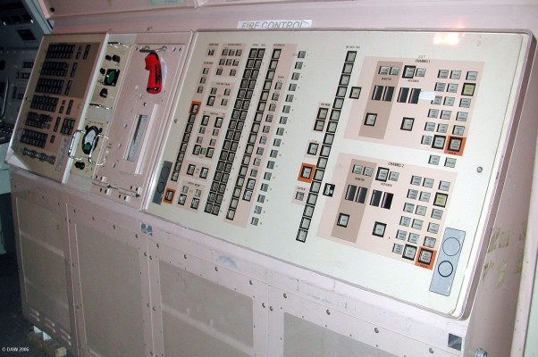 Polaris Missile firing panel
Between 1968 and 1996 the 4 Resolution class Polaris Missile Submarines patrolled from their home port of Faslane Naval Base on the Clyde.  As can be seen from the picture there were 16 missiles on each boat, each armed with two 225kt warheads (10 times that of Hiroshima) giving a total destructive power of 7.2Mt per boat.  Normally only one boat would be on patrol but the Royal Navy had enough missiles and warheads to arm 3 boats if they were servicable.
