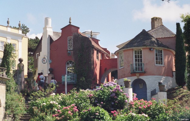 Portmeirion, Wales, 1993
Built between 1925 and 1975 by Sir Clough Williams-Ellis in the style of an Italian village.  It was used in the 1960's as the location of the television series, "The Prisoner" starring Patrick McGoohan.  The house on the right with the balcony was where "No. 6" lived.
