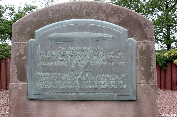 R34 Memorial, East Fortune Airfield
The runways have mostly gone and the hangers are now used by the Museum of Flight.  But this small plaque remembers that East Fortune is where the first ever return crossing by air of the Atlantic started and ended in 1919 by the R34.  R34 was a military Airship built by Beardmore's at Inchinnan in Renfrewshire.  [url=http://www.streetmap.co.uk/map.srf?X=355172&Y=678361&A=Y&Z=115/] Map location. [/url]
