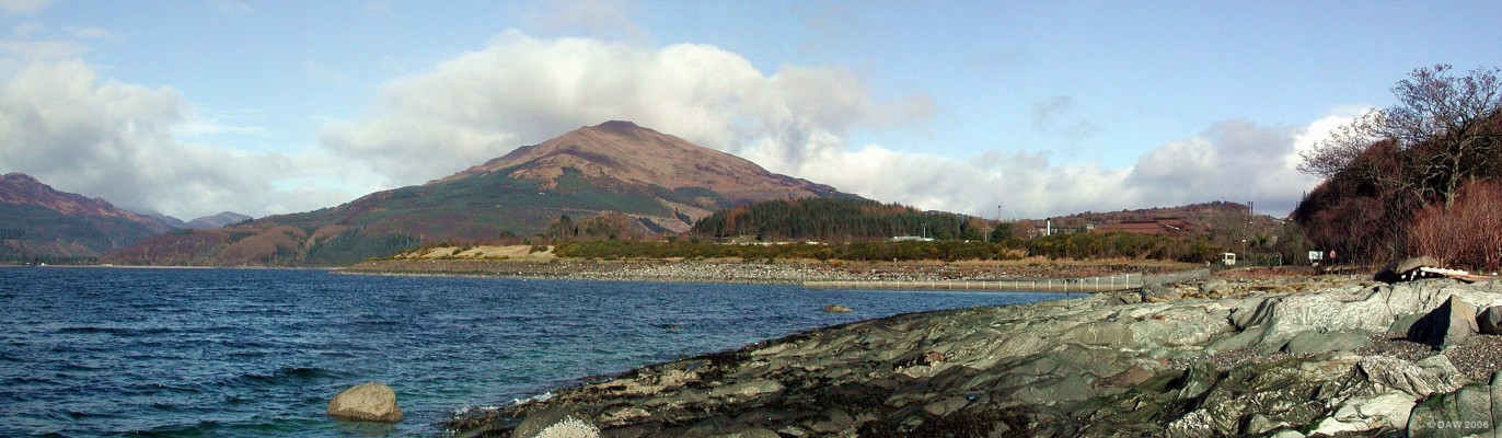 RN Armaments Depot, Coulport
At first glance this seems like a picturesque view of Loch Long, however,  closer inspection reveales watch towers and buildings.  This is where the RN Submarines from Faslane are armed.  During the Polaris era it was also used for servicing of the Polaris missiles.  Its hard to believe but the RN's Trident missiles actually come from the US Navy's inventory and are therefore not maintained here to save cost.  If required though the missiles could be removed and stored here in bunkers on the hill side.
