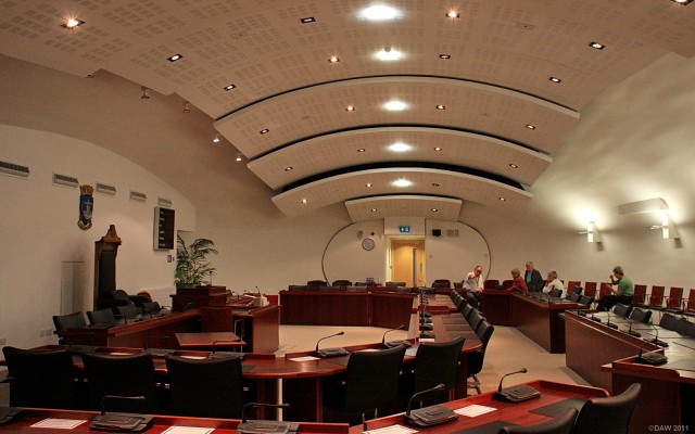 Renfrew District Council Chamber, Paisley
The elliptical design was created in 2007 when the building was completely refurbished.  It is said to embody the principles of equality and inclusive debate in local democracy.  Sounds impressive but I'll bet things aren't quite so smooth once all those Councillors are in there wagging their accusitory fingers at each other.

