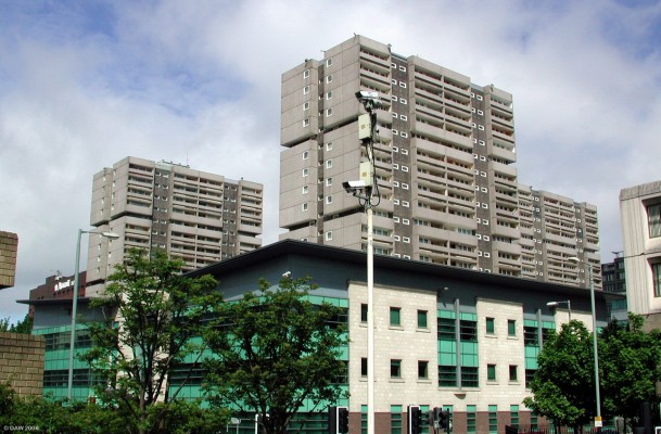 The Anderston Centre
These Concrete Tower Blocks formed what was part of The Anderston Centre which was opened in 1973.  It had shops, Office Space, Car parking and a Bus station.  It all seemed like a good idea at the time but proved to be too far from the city centre for shops, most of which quickly closed or were never occupied.  The over all design was an unattractive concrete jungle.  The Bus Station closed in 1993 and was demolished, the green buildings have replaced some of the less attractive concrete offices.
