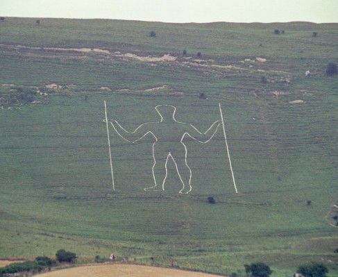 The Long Man, Wilmington, Sussex, 1992
Formerly thought the be of ancient origon a 2003 archaeological invesigation found that the figure is more likely to have been cut in the 16th or 17th century.  From a distance it looks like it is cut in to chalk but the reality today is that is is painted breeze blocks and lime mortar.  The figure is 72m tall.
