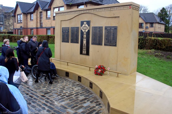 The New Neilston War Memorial, Nov 7th, 2015
The new Neilston War Memorial on the rather wet day of its dedication on 7th November 2015.  Paid for by donations from the public and local businesses.  Until now Neilston did not have a memorial to commemorate those who lost their lives in the first and second World War and in other conflicts since then.  There are 217 names on the memorial.
