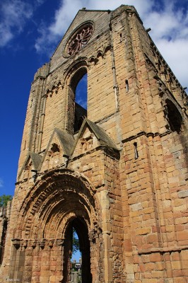 Western front of Jedburgh Abbey
This western end of Jedburgh Abbey is one of the grandest church facades in Scotland, once adorned with statues, painted with bright colours and topped with a beautiful rose window.
